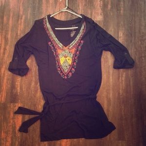 Black, 3/4 sleeve dress with tie on waist.